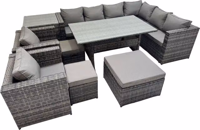 Fimous 11 Seater Rattan Garden Furniture Set in Dark Grey Mixed with Glass Top