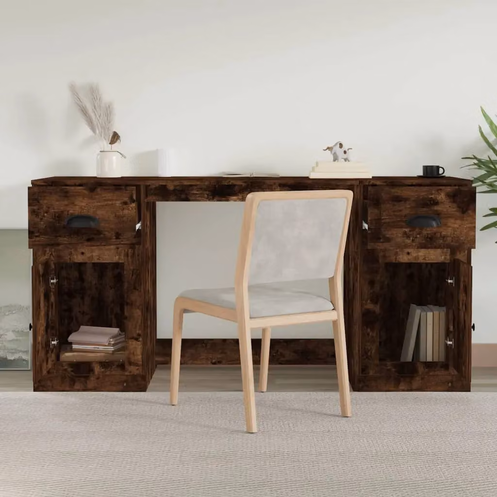 Berkfield Home Smoked Oak Home Office Desk with Cabinet in Brown – 2