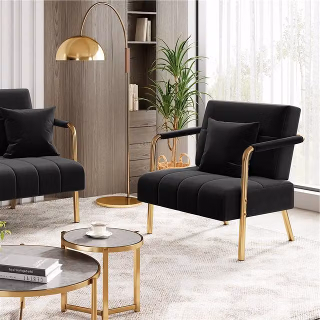 Yaheetech Velvet Accent Armchair with Pillow in Black and Gold