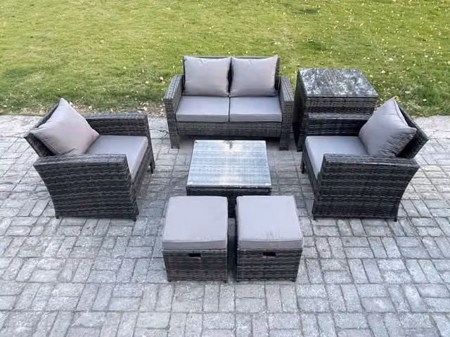 Fimous Modern Outdoor Lounge Sofa Set in Dark Grey with PE Rattan, Armchair, 2-Seater Sofa, Coffee Table and Ottoman
