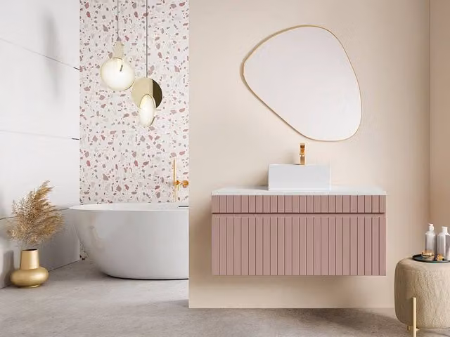Vente-unique Striped Pink and White Suspended Bathroom Furniture with Countertop Basin