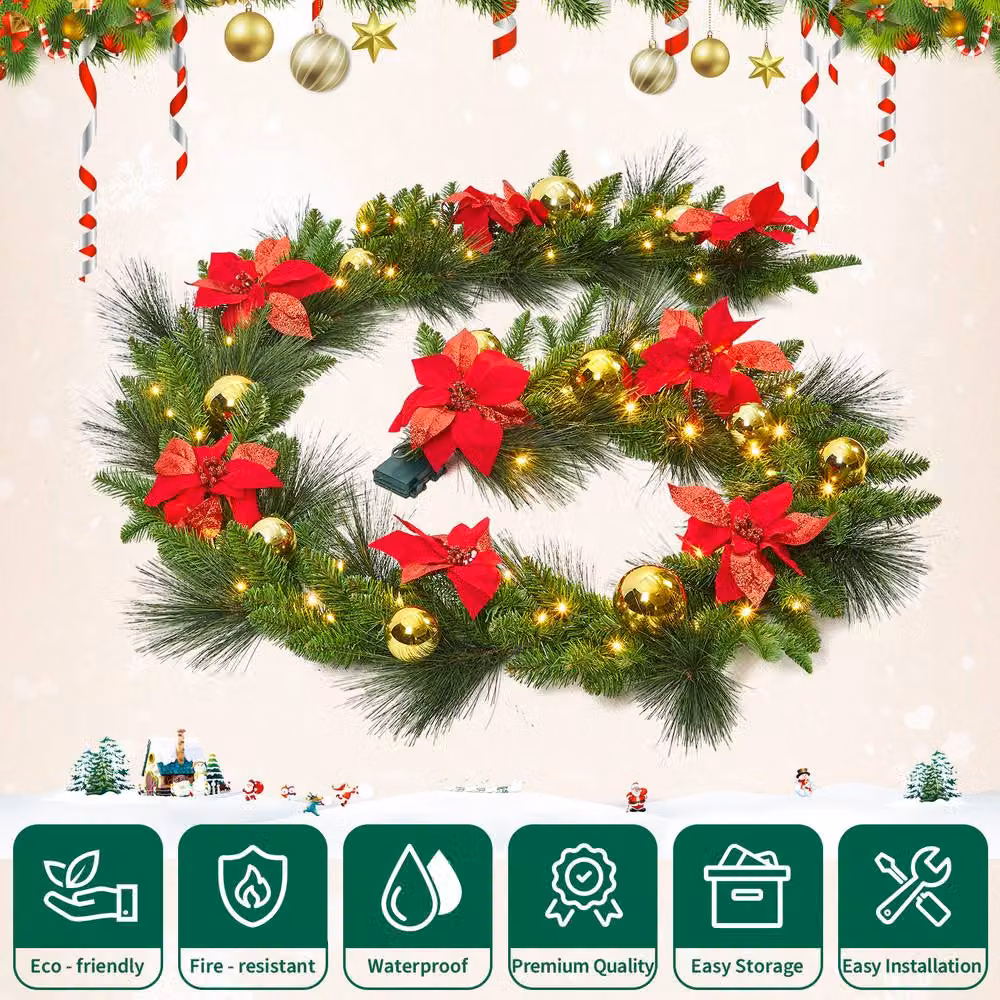 London Boutique 9ft Pre-Lit Christmas Wreath with LED Lights in Green – 5