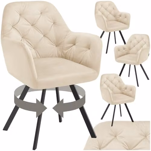 tectake Set of 4 Lucia Armchairs in Beige with Geometric Pattern and Metal Legs