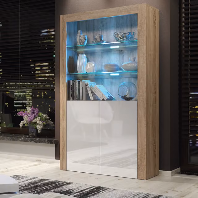Creative Furniture Spectrum Modern Display Cabinet with Glass Doors and LED Lighting, Oak and White, H: 170 cm, W: 100 cm, D: 35 cm