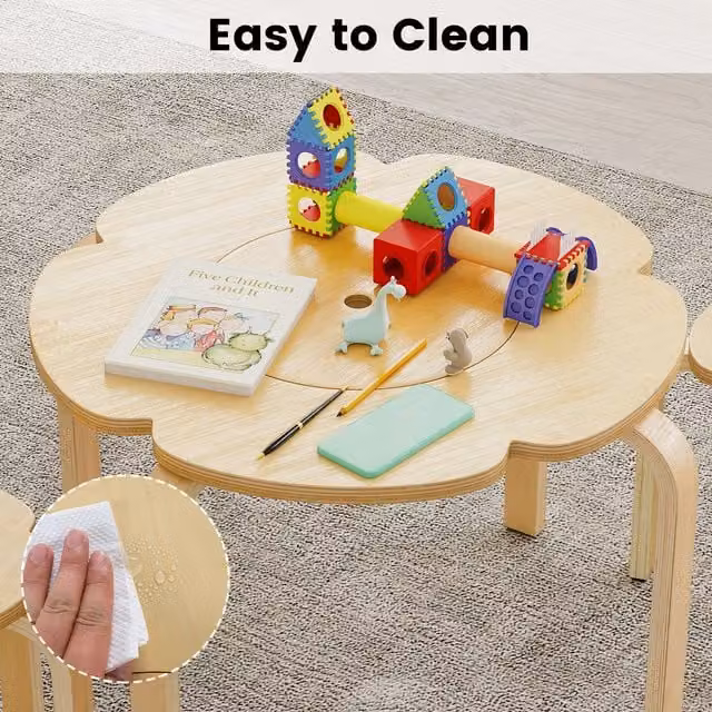 Costway Childrens Wooden Desk and Chairs Set in Brown and Beige