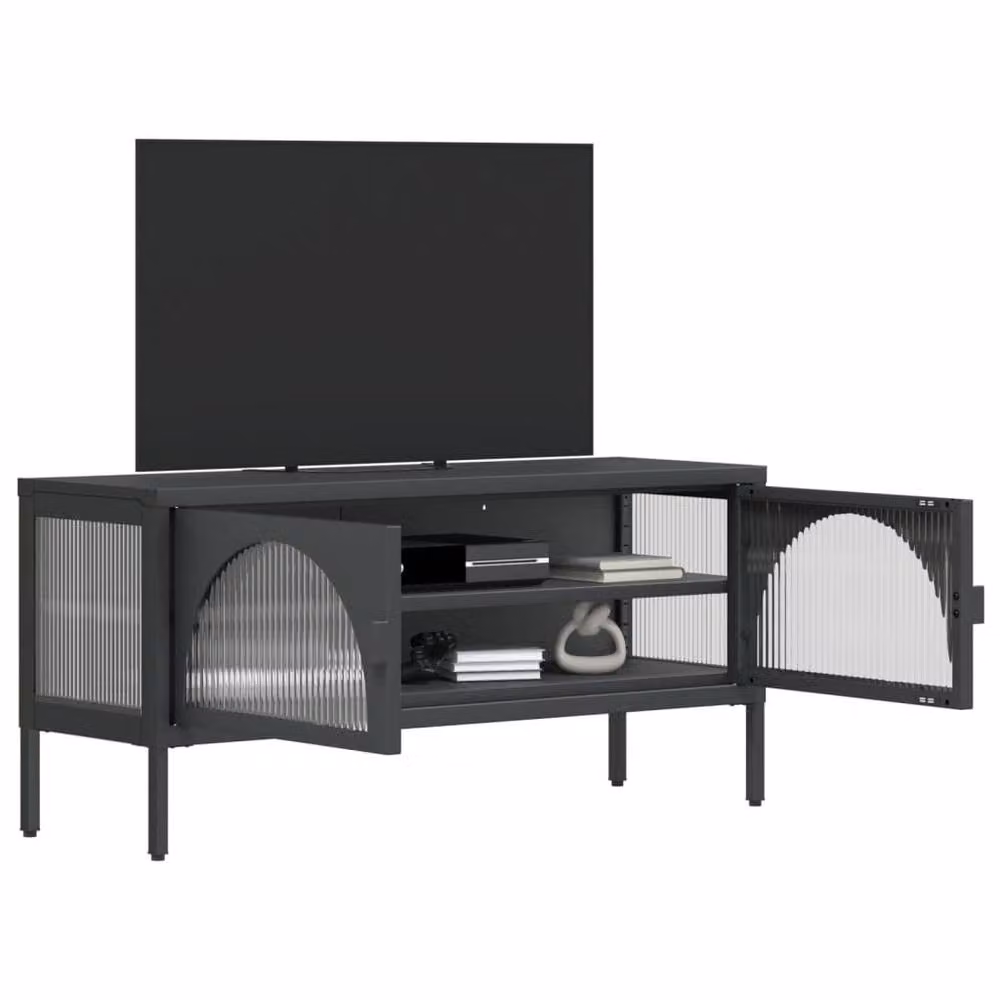 Berkfield Home Modern Black TV Cabinet with Glass Doors and Internal Shelves, W/D/H: 105 x 35 x 50 cm – 3