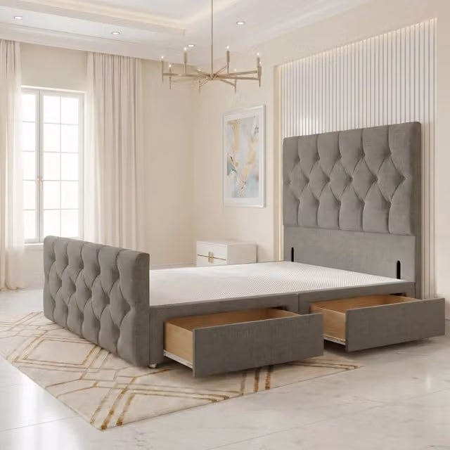 Somnior Beds Ltd Chesterfield Linen Divan Bed Base with Drawers and Upholstered Headboard, Silver/Grey, W/D/H: 180 x 200 cm