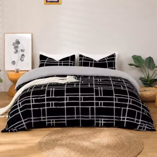 Pamposh Super King Duvet Set, 3-Piece Reversible Brushed Microfibre Bedding Set in Black and Grey, W/D/H: 180 x 200 cm with 50 x 75 cm Pillowcases – 6