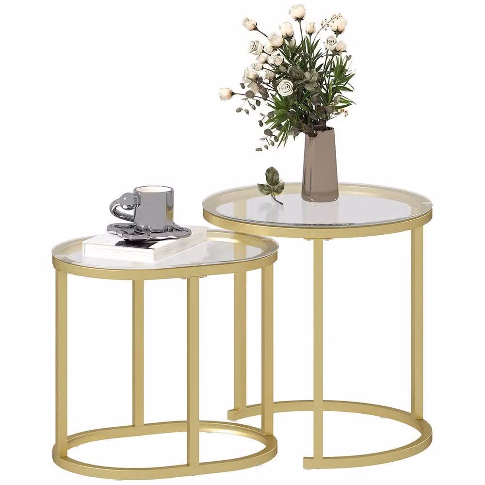 HOMCOM Set of 2 Modern Round Nested Coffee and Side Tables with Clear Tempered Glass and Gold Metal Frames – 2