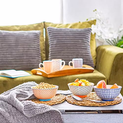 Nicola Spring Hand-Printed Porcelain Cereal Bowls, Multicolour, Pack of 6, Diameter: 16 cm – 2