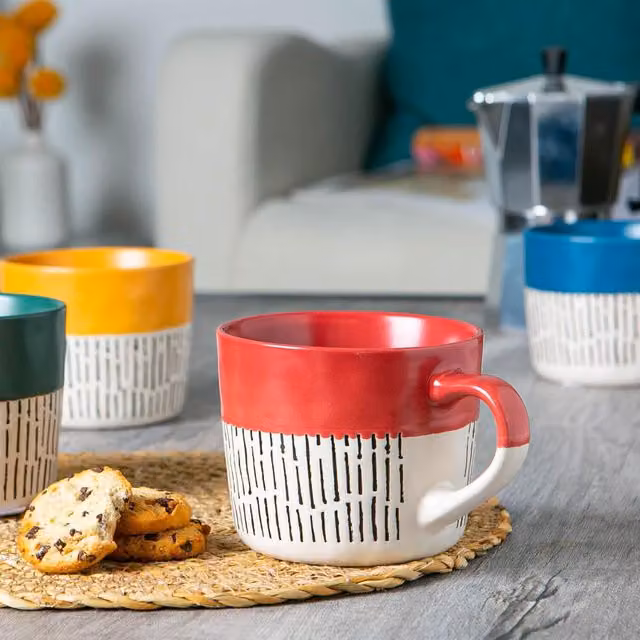 Nicola Spring Red Dipped Dash Stoneware Coffee Mugs, 450ml, 2-Piece Set