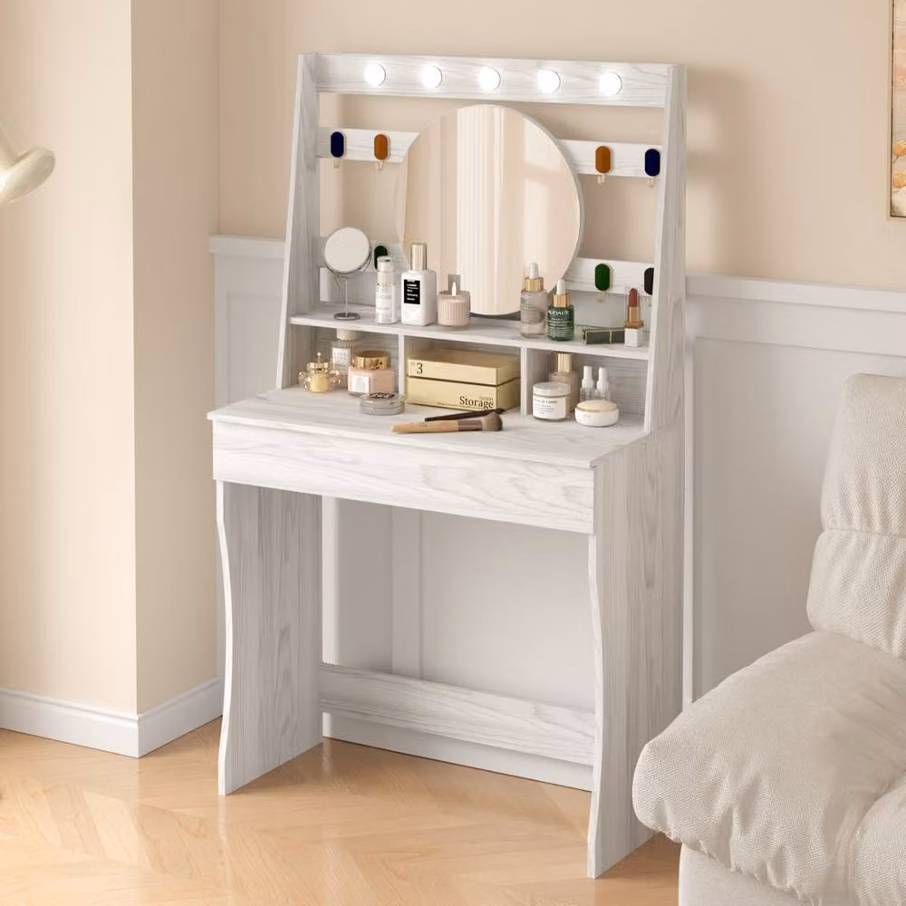 KEEPREAPER Modern Hollywood LED Dressing Table in Light Grey with Marble Detail, W/D/H: 140 x 80 x 40 cm – 6