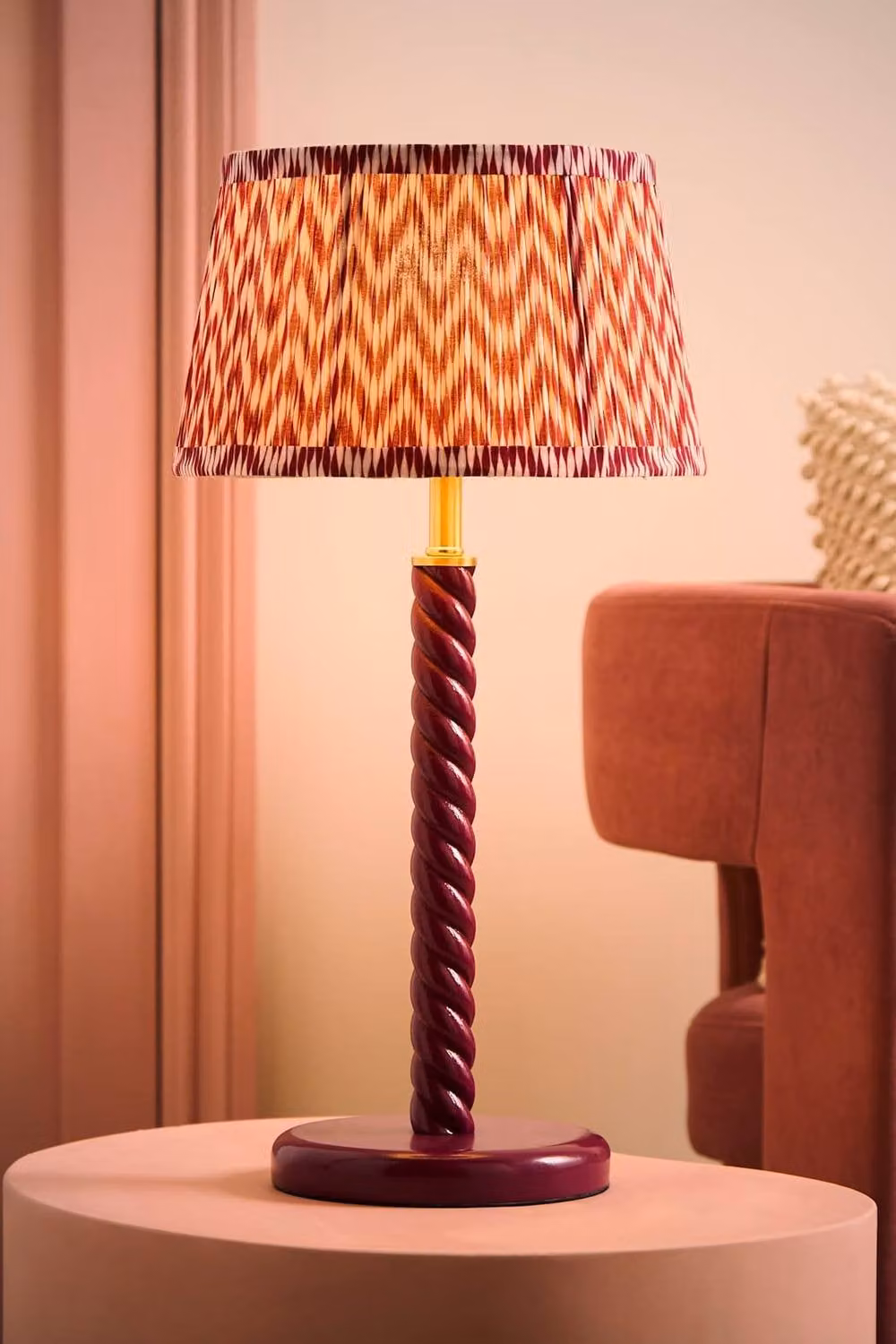 ValueLights Amara Pink Chevron Pleated Tapered Shade Wooden Twisted Table Lamp with Bulb – 2