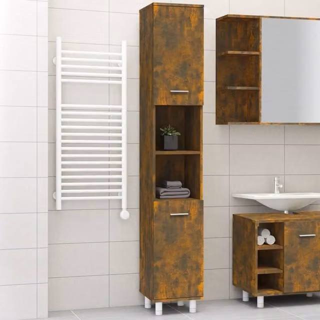 Berkfield Home Smoked Oak Bathroom Cabinet, Brown, W/D/H: 30 x 30 x 179 cm