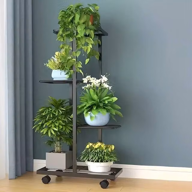 FORGEVIO Black Metal 4 Tier Plant Stand for 5 Pots, Indoor and Outdoor Use
