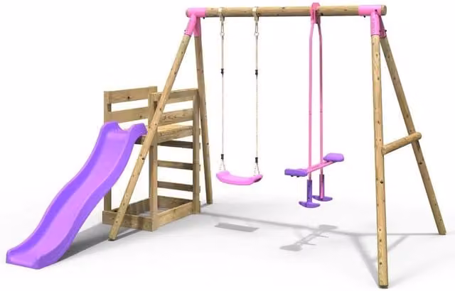 Rebo Wooden Double Swing Set with Glider and Slide in Pink