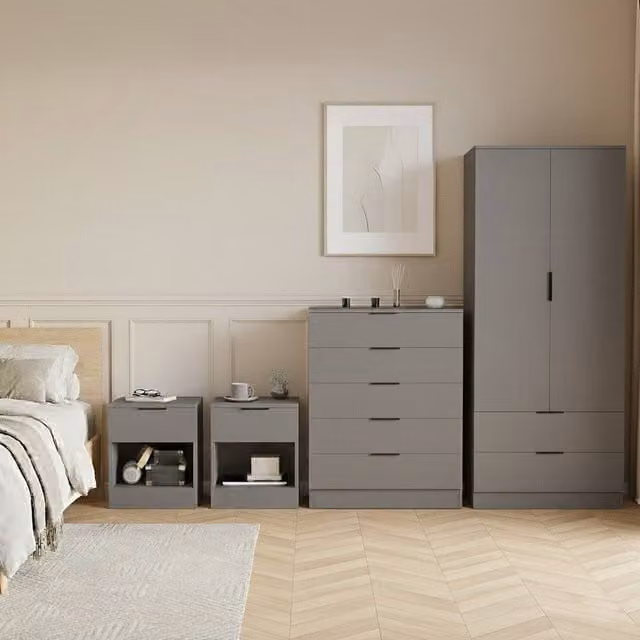 Vida Designs Trega 4 Piece Grey Bedroom Set including Bed, 2 Bedside Tables, 5 Drawer Chest and Wardrobe