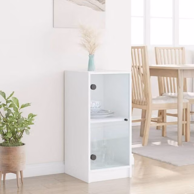 Berkfield Home Side Cabinet with Glass Doors, White, W/D/H: 35 x 37 x 75.5 cm