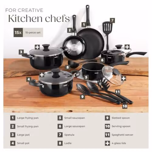 tectake 15-Piece Aluminium Cooking Pot and Pan Set with Non-Stick Coating and Glass Lids in Black – 3