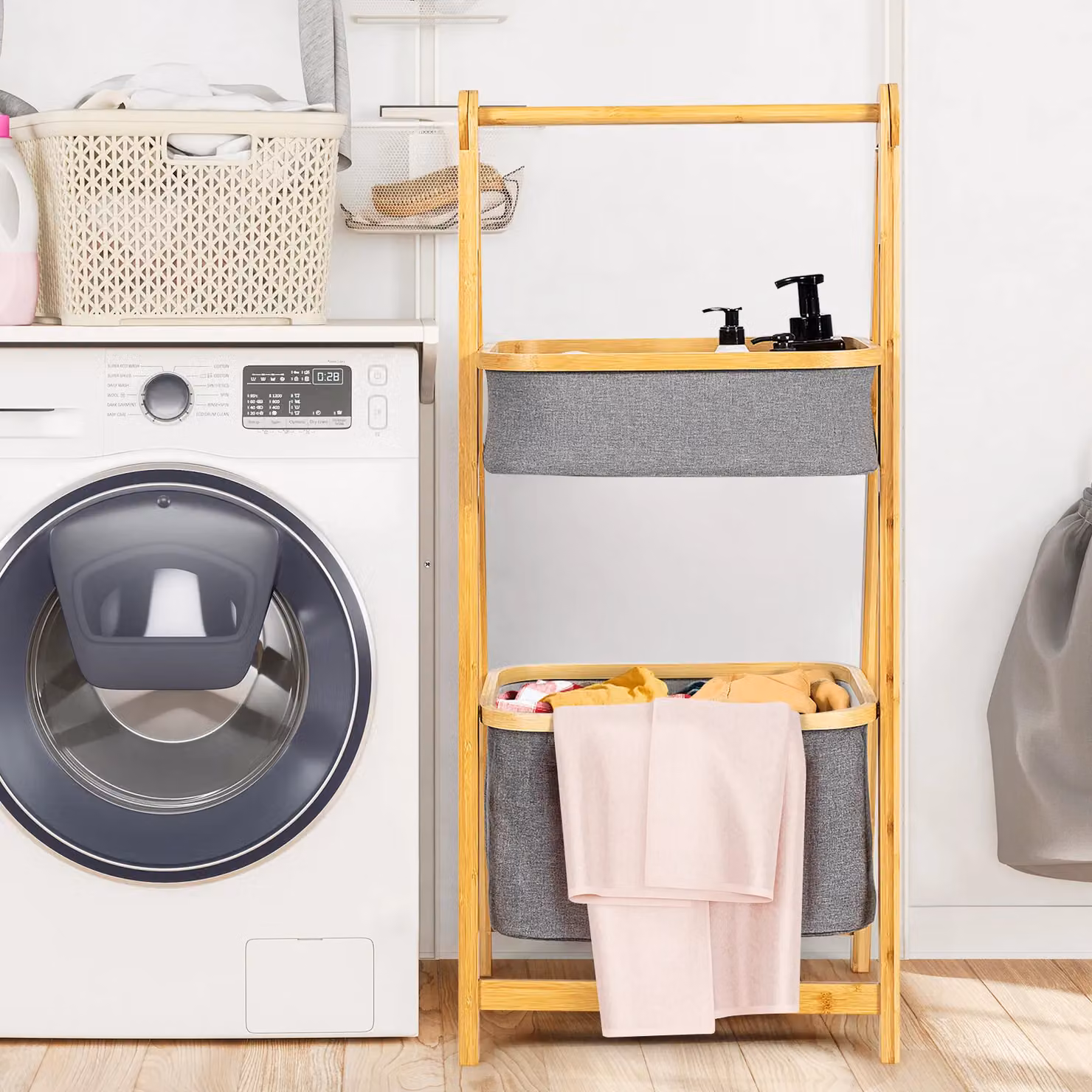 Costway 2-tier Bamboo Laundry Hamper Shelf and Toy Organiser with A-shaped Frame and Linen Compartments in Beige or Grey – 2