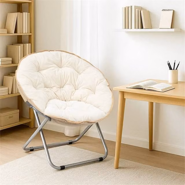 EONLION White Folding Round Bowl Chair with Metal Frame and Fabric Seat – 1
