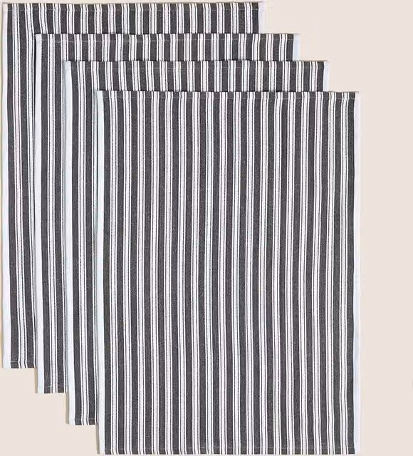 M&S Set of 4 Highly Absorbent Cotton Striped Tea Towels in Grey