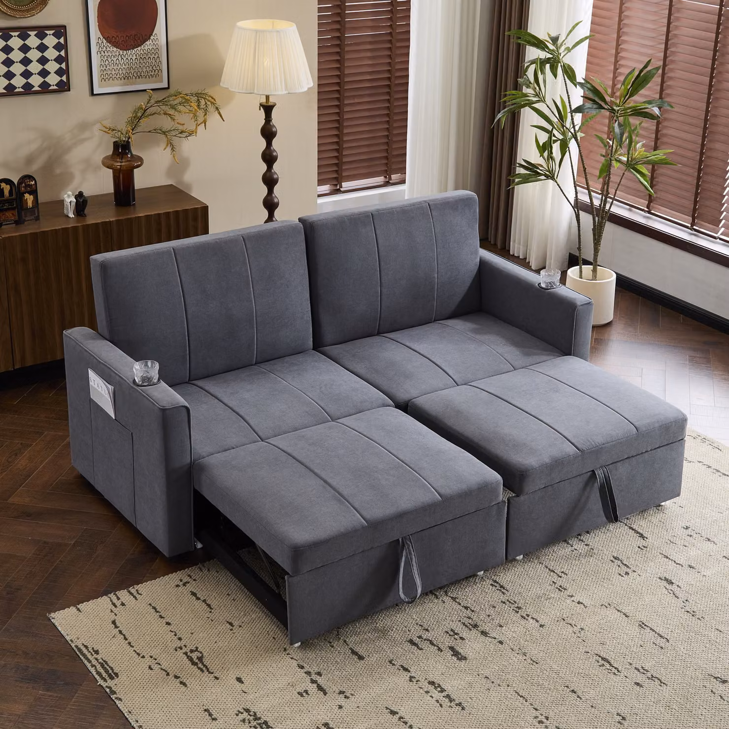 Aosom UK Modern Convertible Fabric Sofa Chair with Cup Holders and Side Pockets, King Size Pull Out Sofa Bed, Grey, W/D/H: 87 x 207 x 96 cm – 7