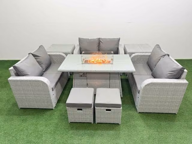 Fimous 8 Seater PE Wicker Rattan Garden Furniture Set in Light Grey with Firepit Dining Table, 2 Seater Love Sofa, 2 Stools and 2 Side Tables