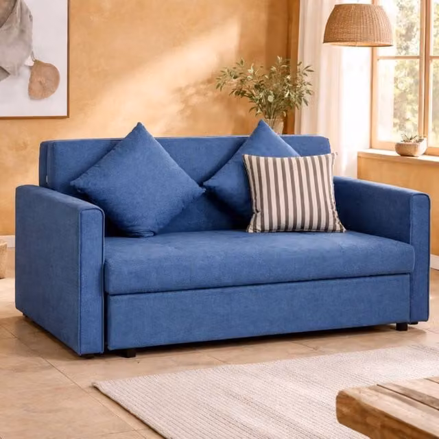 Wyld Haus Palani Bayo 2 Seater Sofa Bed with Hidden Storage in Dark Blue Snow Flannel Fabric