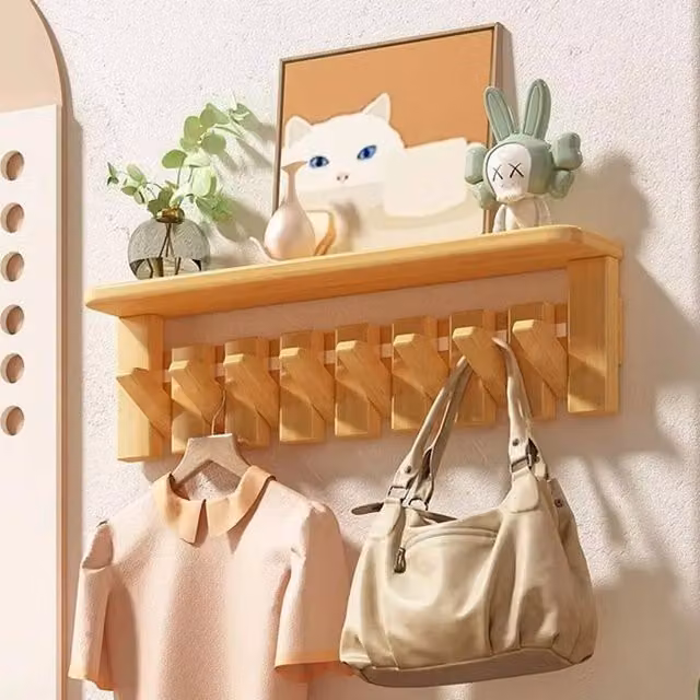 VOGREX Solid Wood Wall Coat Rack with 8 Hooks in Beige – 1