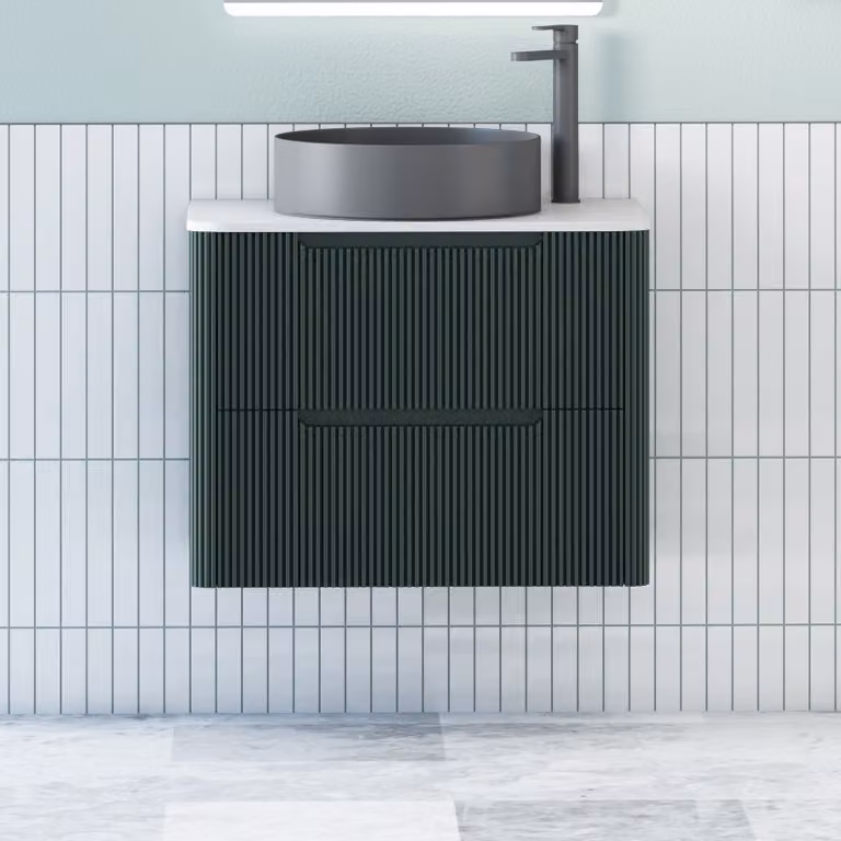 Royal Bathrooms Avenza Wall Hung Vanity Unit in Moss Green with 2 Drawers, Plain White Worktop and Black Art Round Basin, Depth: 70 cm