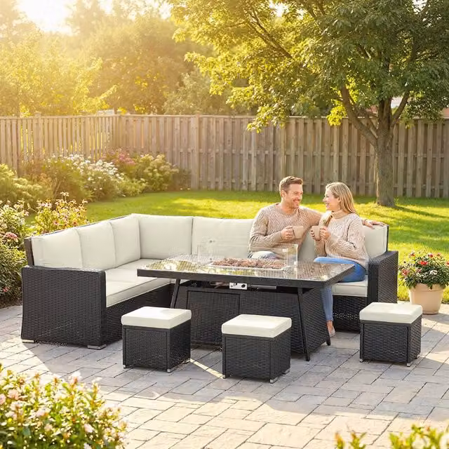 Outsunny 7 Piece Beige Rattan Garden Furniture Set with U-Shape Sofa, Ottoman, Coffee Table and Removable Cushions – 9