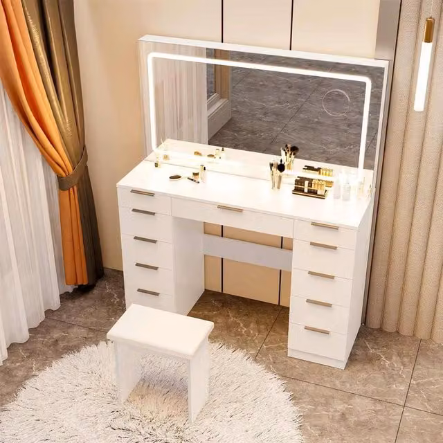 FLAVORA Large Hollywood LED Light Dressing Table with Drawers in White Glossy Finish, H 117.0 cm x W 142.5 cm