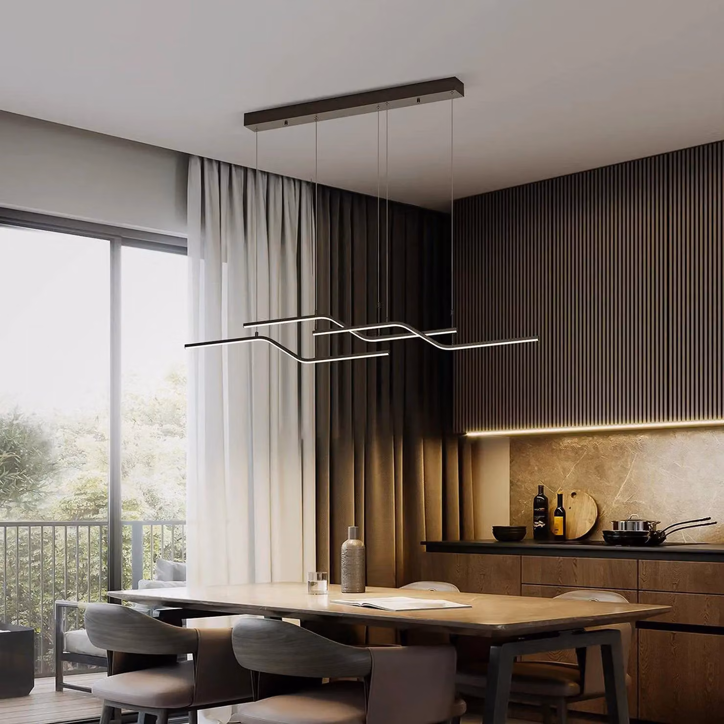 Garwarm Black Dimmable LED 3-Light Wave Linear Pendant Light with Remote Control for Kitchen or Dining Room – 2