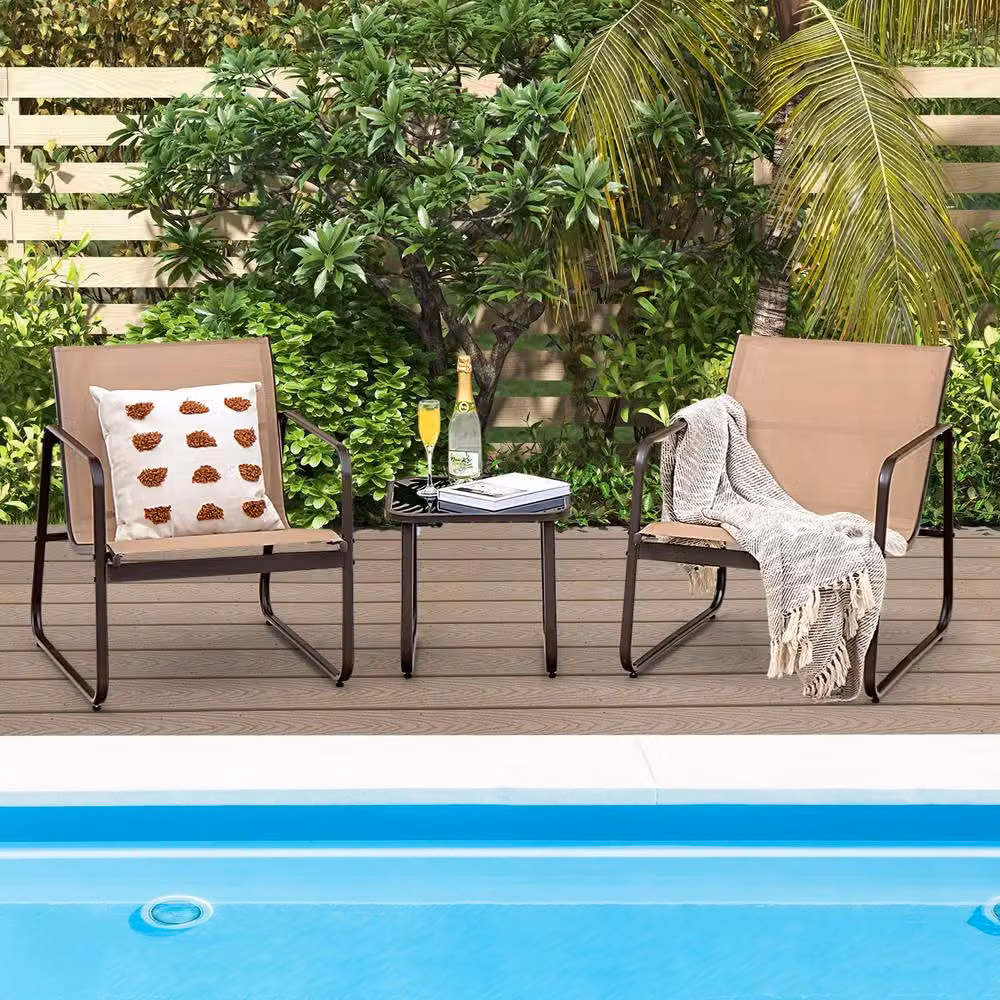 Gymax 3 Piece Brown Metal Patio Conversation Set with Tempered Glass Table and Textilene Armchairs – 5