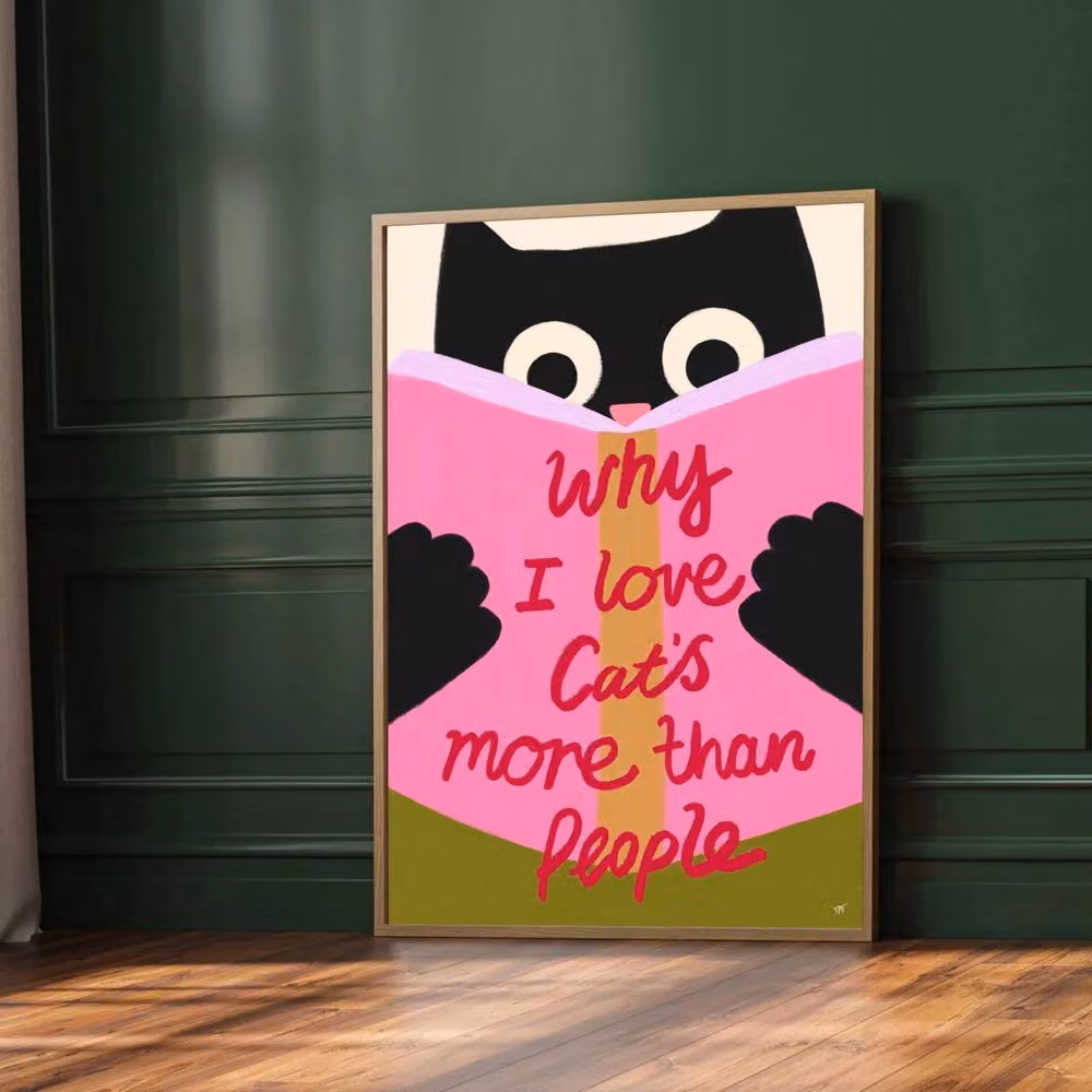 The Paper Tail Reading Cat Funny Black Cat Multicolour Art Print, A3 – 5