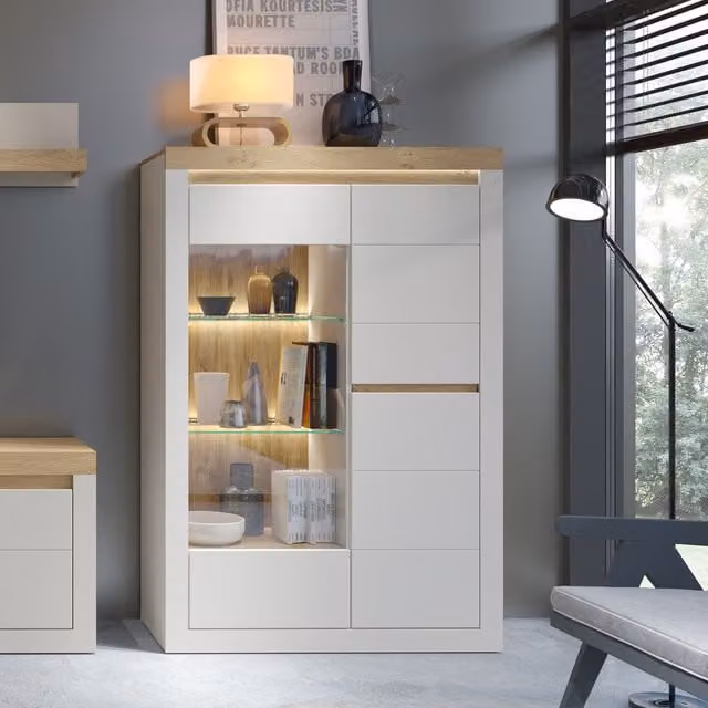 Furniture To Go Naxxar Modern Display Cabinet with 2 Glass Doors and Integrated Lighting in Cashmere and Stone Oak