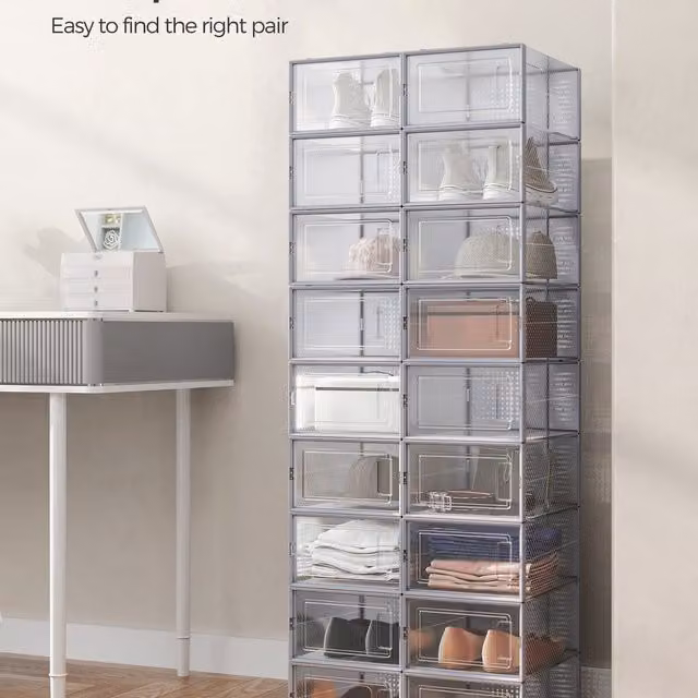 SONGMICS Stackable Transparent Grey Shoe Storage Boxes