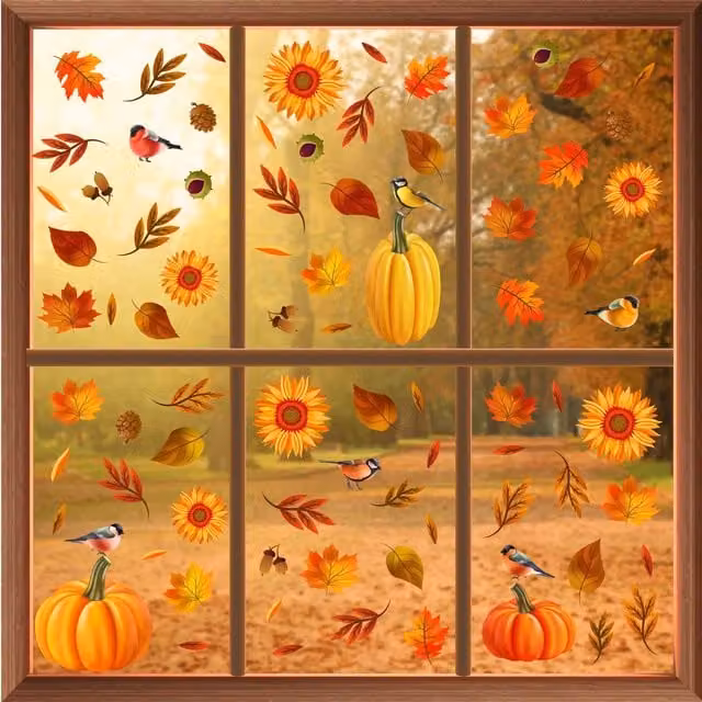 WALPLUS Autumn Leaves Window Clings in Orange and Multicoloured Adhesive Floral Decals