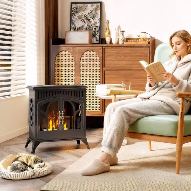 HOMCOM Black Bio Ethanol Fireplace Stove with Door, 55.88 cm