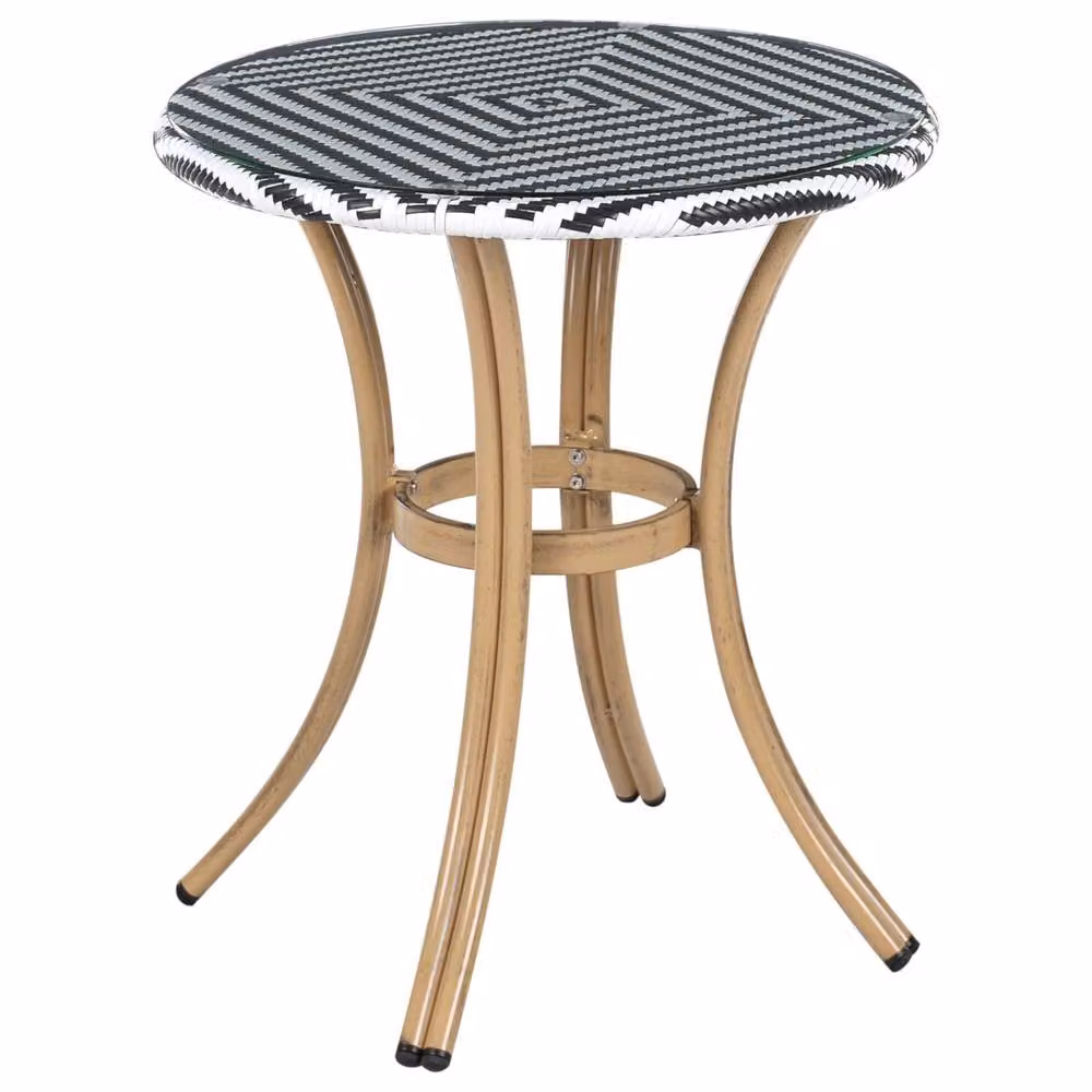 Wyld and Coco Round Garden Table with PE Rattan and Tempered Glass Top in Natural Sand, Diameter: 70 cm – 2