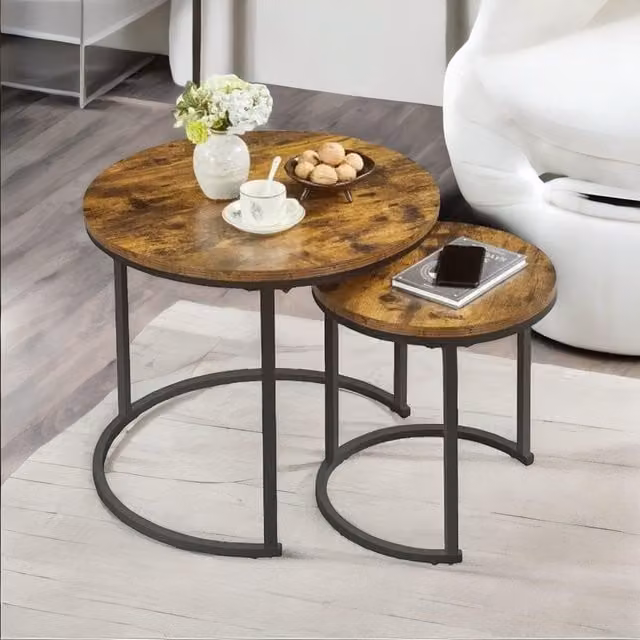 Pirlo Plush Set of 2 Round Nesting Tables in Rustic Brown, W/D/H: 60 x 60 x 50.5 cm and 45 x 45 x 45 cm – 1