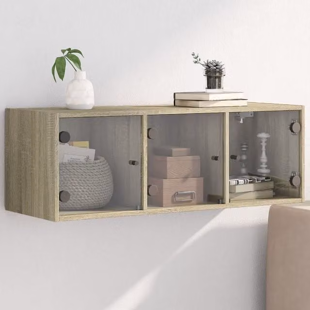 Berkfield Home Wall Mounted Cabinet with Glass Doors in Sonoma Oak Brown, W/D/H: 102 x 37 x 35 cm