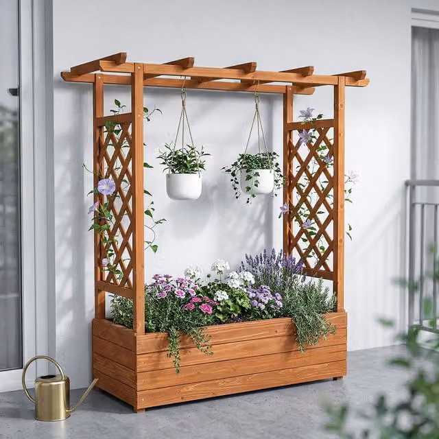 Breeins Wooden Raised Garden Bed with Trellis Frame and Overhead Slats in Brown