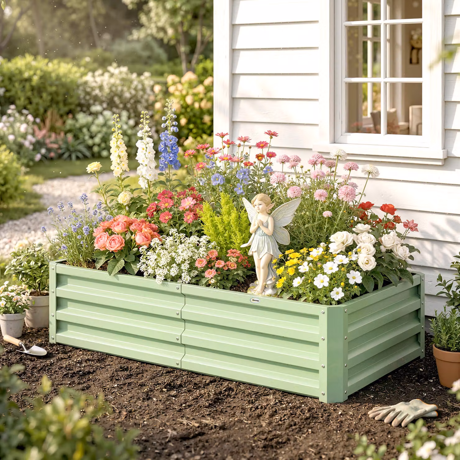 Outsunny Galvanised Steel Raised Garden Beds in Green for Herbs and Vegetables, W/D/H: 60 x 60 x 30.5 cm – 8