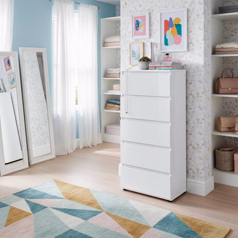 FORGEVIO White High Gloss 5 Drawer Chest of Drawers – 2