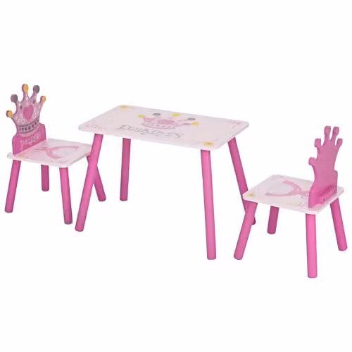 HOMCOM 3 Piece Kids Princess and Crown Table and Chair Set, Pink, W/D/H: 42 x 55 x 34 cm