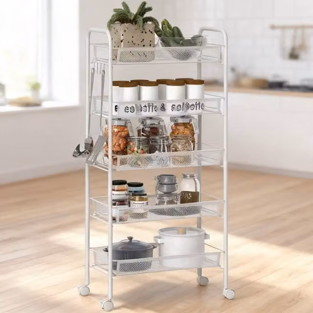 ERGOVEXA Five-Tier Steel Mesh Basket Storage Trolley with Castors, White