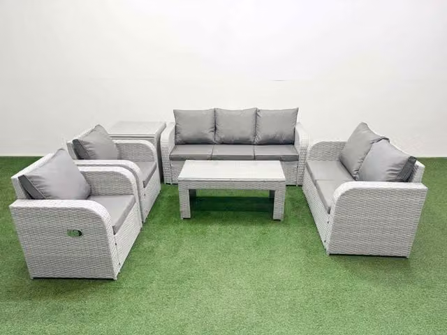 Fimous PE Rattan Garden Furniture Set in Light Grey with Upholstered Cushions and Coffee Table