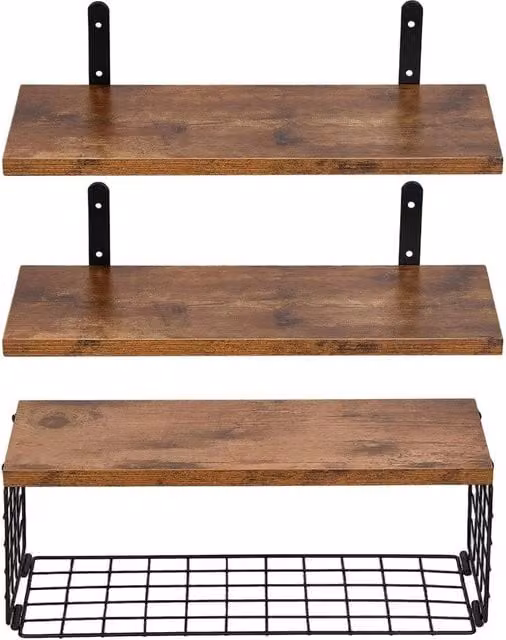 Kelvenix Brown Industrial Wall Mounted Floating Storage Shelves with 3 Shelves and 1 Basket – 1